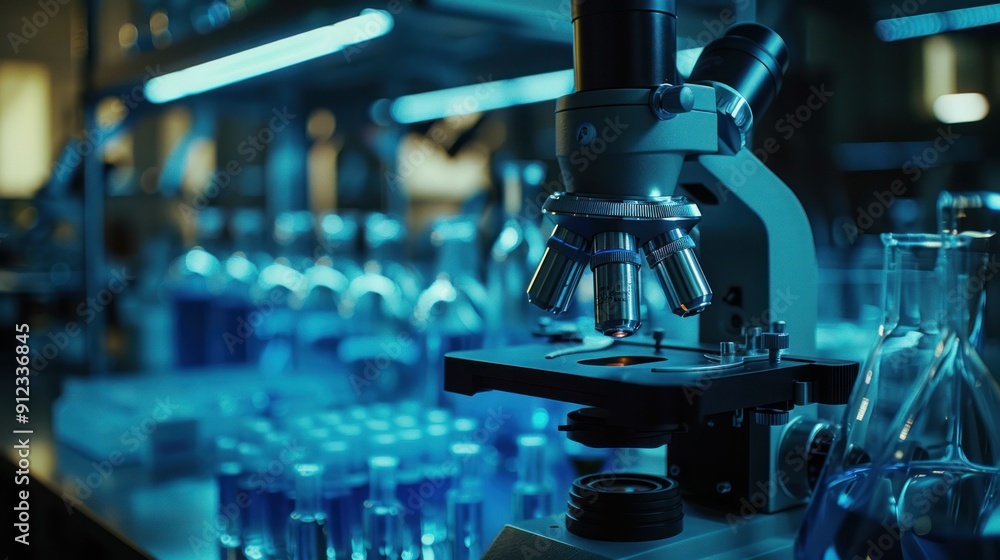 Close-Up of Microscope in Scientific Laboratory with Blue Lighting Close-Up of Microscope in Scientific Laboratory with Blue Lighting