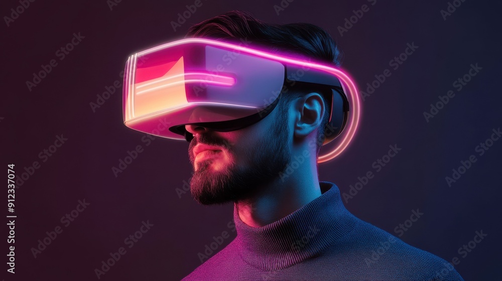 Side view of a man with a beard wearing a neon-lit virtual reality headset against a dark background. . Side view of a man with a beard wearing a neon-lit virtual reality headset against a dark background. .