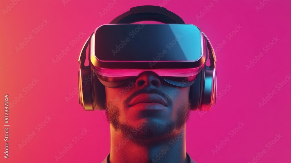 Front view of a man wearing a virtual reality headset, illuminated by pink and orange light, against a vibrant pink background. Front view of a man wearing a virtual reality headset, illuminated by pink and orange light, against a vibrant pink background.