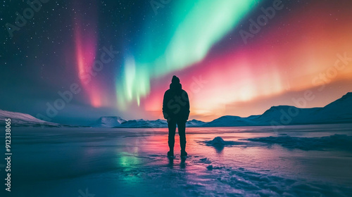 A traveler experiencing the northern lights, standing in awe under the shimmering, colorful display in a clear night sky