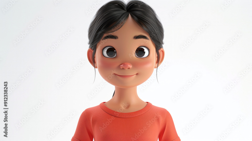 Little beautiful cartoon character Asian girl in a T-shirt in 3d style on white background Little beautiful cartoon character Asian girl in a T-shirt in 3d style on white background