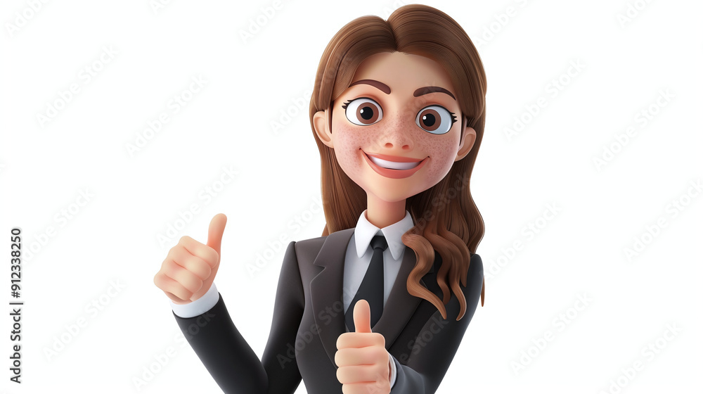 Little beautiful cartoon character business woman with thumb up in 3d style on white background