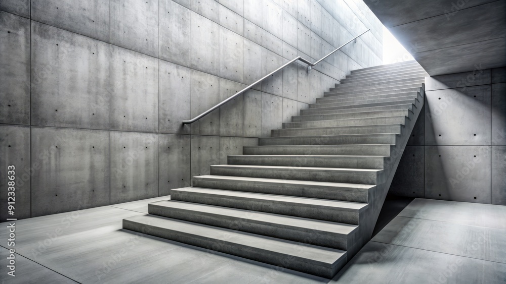 Modern concrete staircase stretches upwards in a diminishing perspective, stark simplicity and clean lines define the monochromatic black and white urban architectural interior. Modern concrete staircase stretches upwards in a diminishing perspective, stark simplicity and clean lines define the monochromatic black and white urban architectural interior.