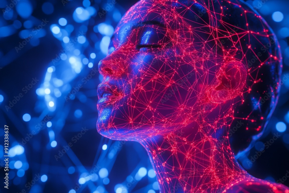 In an abstract background with light, a schematic depicts the neural connections between the brain, head, and organ structures of a woman's body in the form of holograms, representing a concept of In an abstract background with light, a schematic depicts the neural connections between the brain, head, and organ structures of a woman's body in the form of holograms, representing a concept of