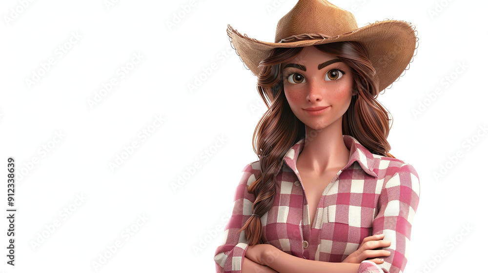 Little beautiful cartoon character girl cowboy in a plaid shirt and hat in 3d style on white background Little beautiful cartoon character girl cowboy in a plaid shirt and hat in 3d style on white background