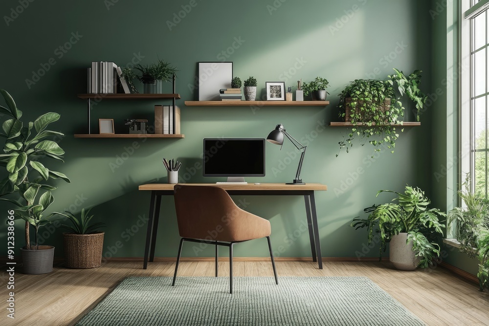 A green room with a desk and chair, a computer monitor, and a potted plant. The room has a modern and minimalist design, with a focus on natural elements such as plants and wood A green room with a desk and chair, a computer monitor, and a potted plant. The room has a modern and minimalist design, with a focus on natural elements such as plants and wood