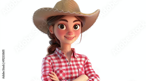 Little beautiful cartoon character girl cowboy in a plaid shirt and hat in 3d style on white background