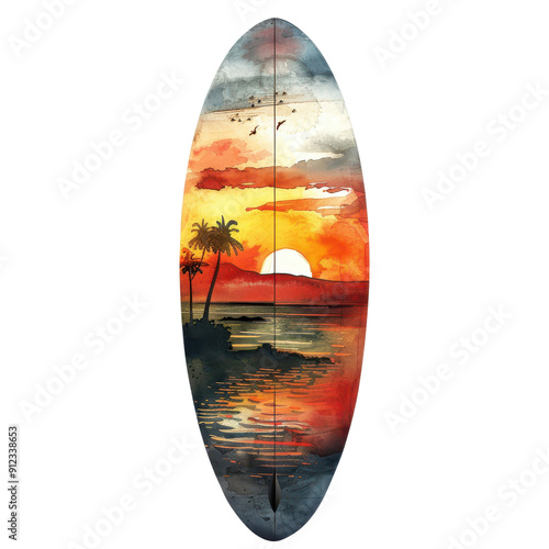 A vibrant watercolor painting of a surfboard featuring a stunning sunset reflected on the water, with palm trees silhouetted. photo