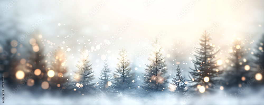 Beautiful winter landscape with decorated Christmas trees and twinkling lights, perfect for holiday-themed designs, festive greetings, and seasonal promotional materials Beautiful winter landscape with decorated Christmas trees and twinkling lights, perfect for holiday-themed designs, festive greetings, and seasonal promotional materials