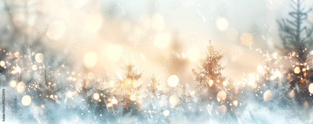 Beautiful winter landscape with decorated Christmas trees and twinkling lights, perfect for holiday-themed designs, festive greetings, and seasonal promotional materials Beautiful winter landscape with decorated Christmas trees and twinkling lights, perfect for holiday-themed designs, festive greetings, and seasonal promotional materials