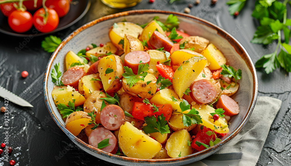 Fried potatoes with vegetables and sausages. Top view Fried potatoes with vegetables and sausages. Top view