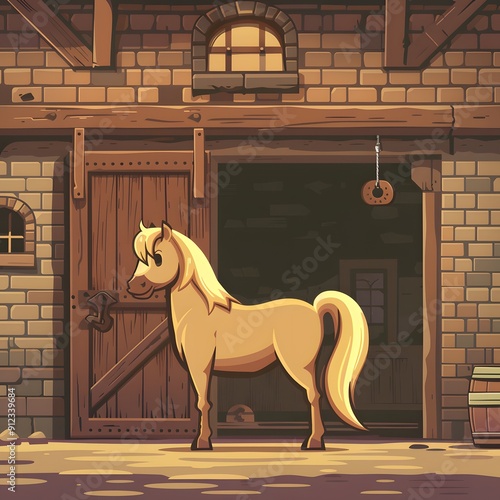 Golden Horse Stands Outside a Stable photo