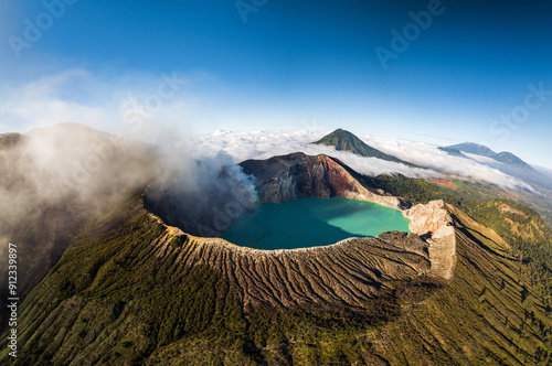 Aerial panorama drone view of mount Kawah Ijen volcano crater at sunrise, East Java, Indonesia