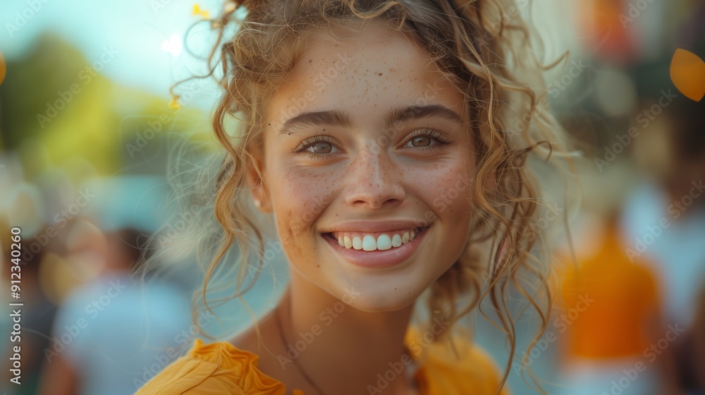Young Woman With Curly Hair Smiling in a Busy Urban Setting on a Sunny Day Young Woman With Curly Hair Smiling in a Busy Urban Setting on a Sunny Day