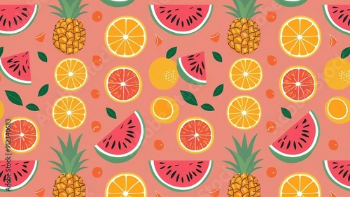 Vibrant Tropical Fruit Pattern Featuring Watermelon, Pineapple, Citrus Fruits on Coral Background