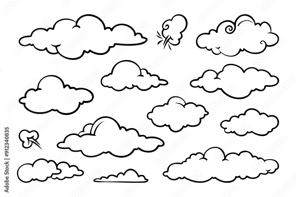 Adobe Illustrator Artwork, illustration of a collection of doodle clouds on a white background. Adobe Illustrator Artwork, illustration of a collection of doodle clouds on a white background.