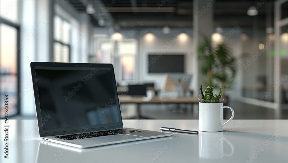 Laptop, Pen, and Plant on a White Desk in a Modern Office Laptop, Pen, and Plant on a White Desk in a Modern Office