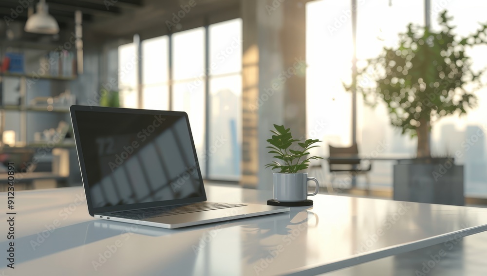 Laptop, Coffee Cup, and Plant on a White Desk in a Modern Office Laptop, Coffee Cup, and Plant on a White Desk in a Modern Office