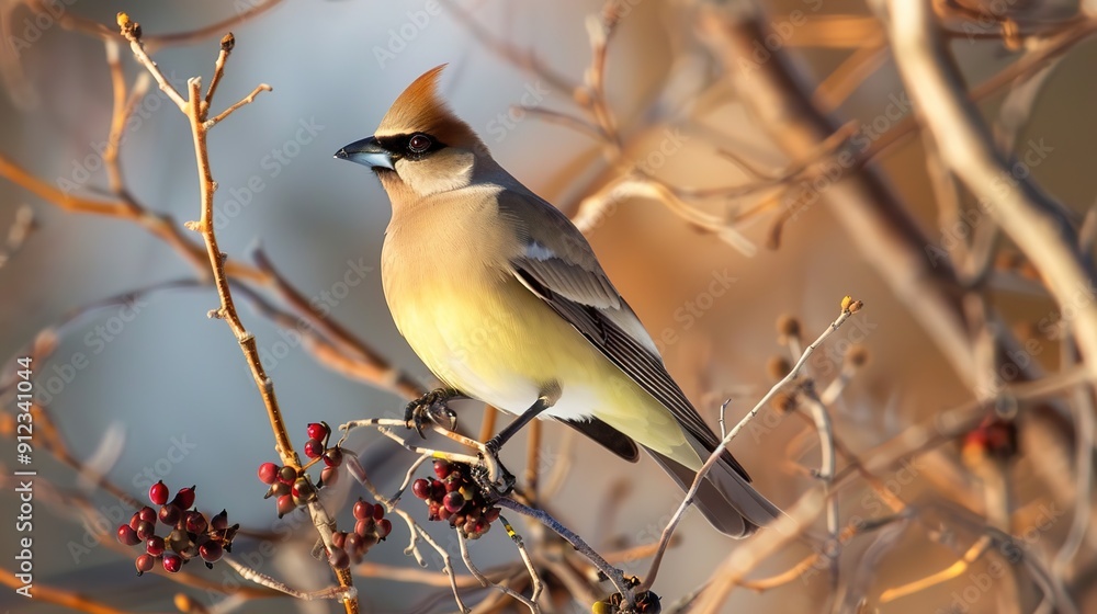 Graceful Perch: Cedar Waxwing Atop a Tree in Vector Art Graceful Perch: Cedar Waxwing Atop a Tree in Vector Art