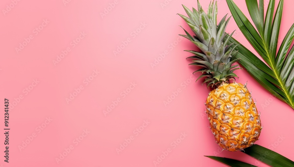 Pineapple and Palm Leaves on Pink Background Pineapple and Palm Leaves on Pink Background