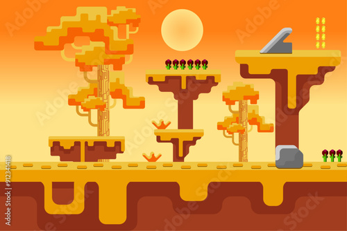 platform game side view adventure style rounded block savana jungle landscape