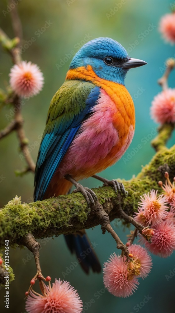 Fototapeta premium Image is a vibrant and colorful photograph of a bird perched on a branch background Generated by Ai