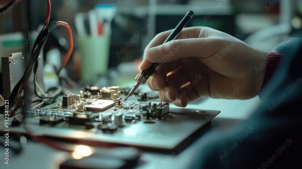Close-up of worker's hands using precision tools to assemble mobile phone parts in office Close-up of worker's hands using precision tools to assemble mobile phone parts in office
