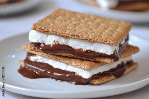 Two chocolate and marshmallow cookies stacked on top of each other. The cookies are covered in chocolate and have a white filling photo