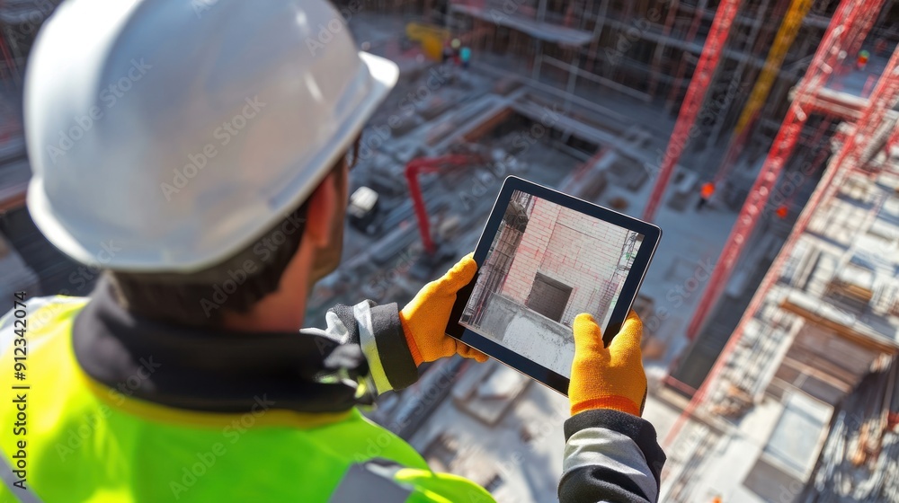 Construction foreman using tablet to watch workers laying bricks and concrete at construction site Construction foreman using tablet to watch workers laying bricks and concrete at construction site