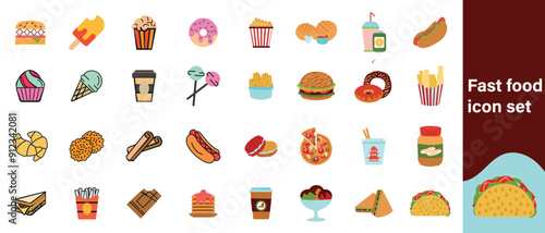 Fast food web icon set style. Pizza, chips, burger, french fries, hot dog, collection. Vector illustration.