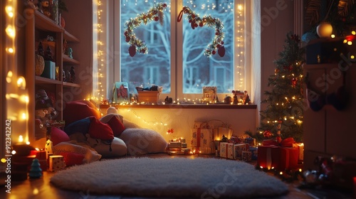 cozy corner of a home, decorated for the holidays with twinkling fairy lights, seasonal ornaments, and thoughtfully placed gifts
