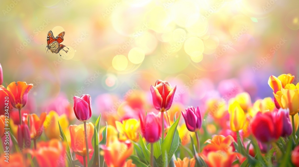Colorful Tulip Field with Butterfly Colorful Tulip Field with Butterfly