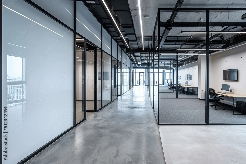 Modern Office Hallway with Glass Partitions and Concrete Floor Modern Office Hallway with Glass Partitions and Concrete Floor