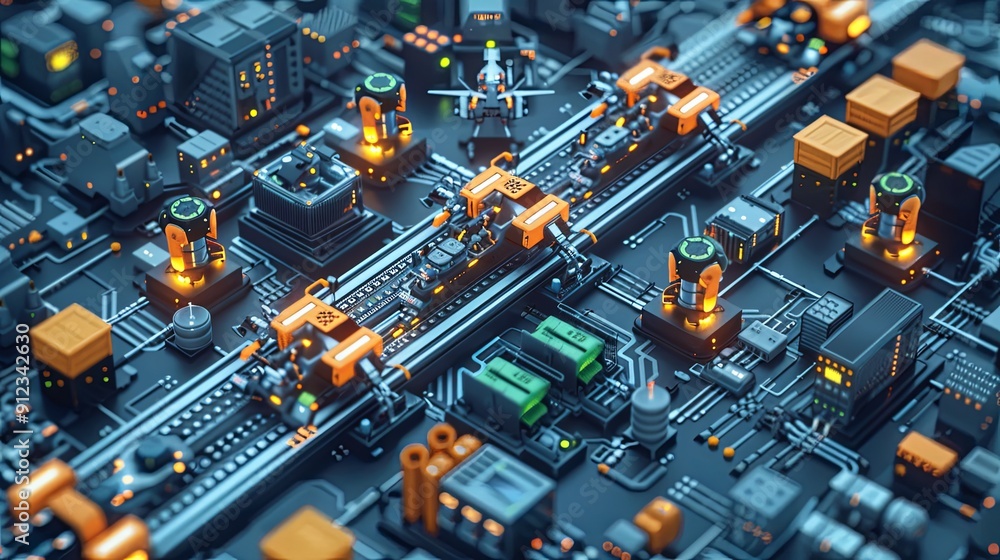 vector, illustration, flat, Smart factory isometric web banner. Smart robots hands work on assemble line, drones take production from conveyor belt for delivery. Automation process 3d vector illustrat vector, illustration, flat, Smart factory isometric web banner. Smart robots hands work on assemble line, drones take production from conveyor belt for delivery. Automation process 3d vector illustrat