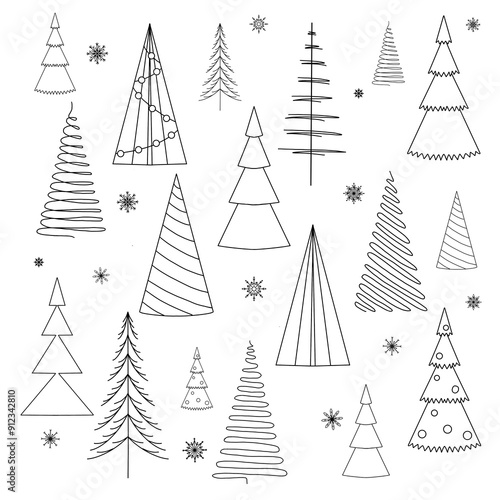 Set of Christmas trees snowflakes outline sketch illustration. Design Christmas decorations. Black and white drawing hand drawn. White background.