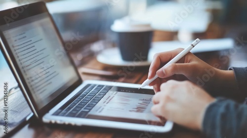 person using a tablet and stylus for digital note-taking during a meeting, with a laptop and coffee on the table photo