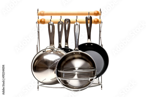 Shiny Silver Skillets Hung on Wooden Rails on a White or Clear Surface PNG Transparent Background photo