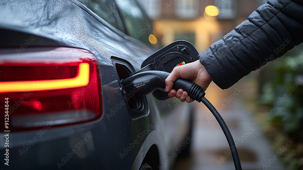 Connecting Electric Vehicle Charging Cable to Car's Power Supply Port with Copy Space Connecting Electric Vehicle Charging Cable to Car's Power Supply Port with Copy Space