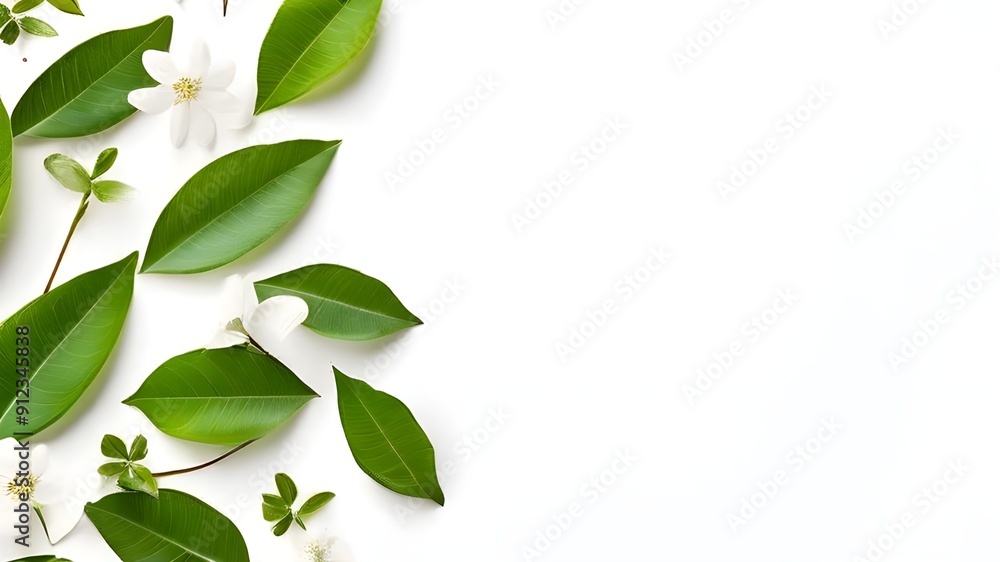 A frame of green leaves scattered on a white background creates a universal floral layout offering a place for text such as a copy space image,leaves on white background A frame of green leaves scattered on a white background creates a universal floral layout offering a place for text such as a copy space image,leaves on white background
