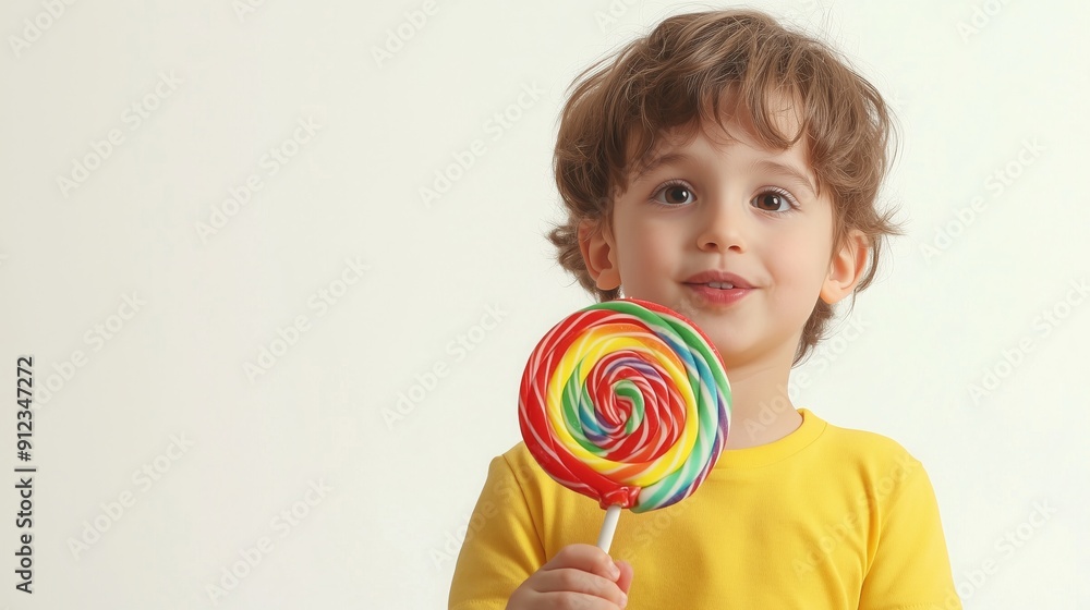 A cheerful boy happily holds a large colorful lollipop A cheerful boy happily holds a large colorful lollipop