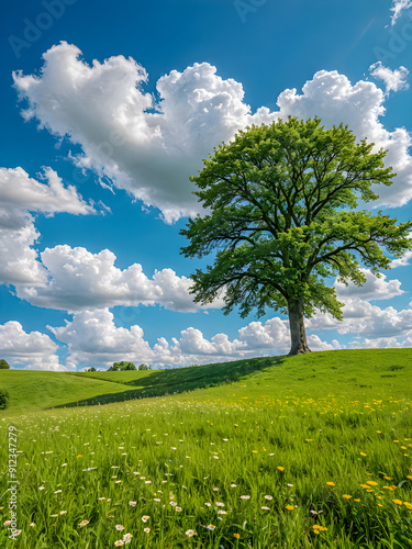 Lonely old oak tree in green meadow on hilly mountain panorama grass field, white clouds and blue sky. Dreamy majestic nature landscape perfect background design, colorful peaceful tranquil serene. AI photo