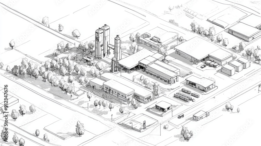 Black and white village map showing a gas station, designed with very detailed and clear lines. Black and white village map showing a gas station, designed with very detailed and clear lines.