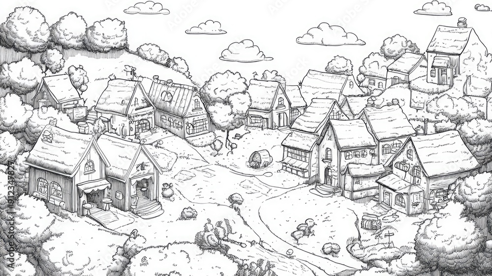 Black and white village map highlighting a hair salon, with very clear and detailed lines, perfect for coloring. Black and white village map highlighting a hair salon, with very clear and detailed lines, perfect for coloring.
