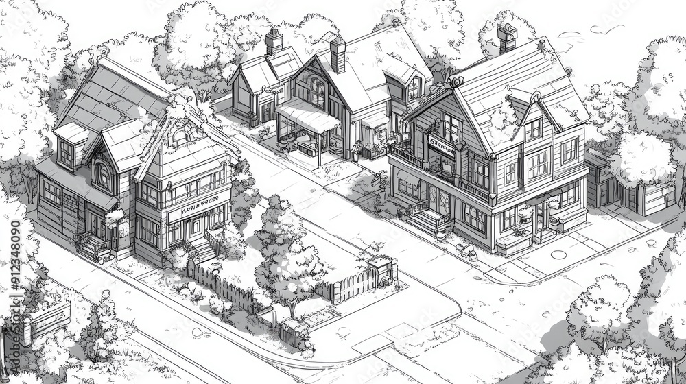 Black and white village map highlighting a hair salon, with very clear and detailed lines, perfect for coloring. Black and white village map highlighting a hair salon, with very clear and detailed lines, perfect for coloring.