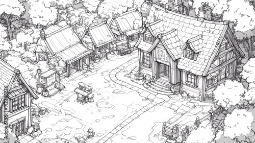 Black and white village map highlighting a hair salon, with very clear and detailed lines, perfect for coloring.
