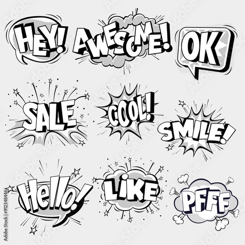 Comic speech bubbles with halftone set