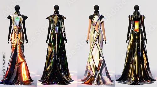 Ethereal Gown Inspired by Earth's Realms: Aquatic, Terrestrial, Atmospheric, and Volcanic Elements in a Futuristic Satin Creation