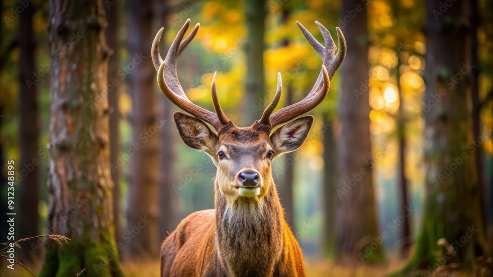 Naklejka premium Majestic deer, with powerful antlers and gentle eyes, wander through serene forests and woodlands, contributing to ecosystem balance through their peaceful foraging and grazing habits.