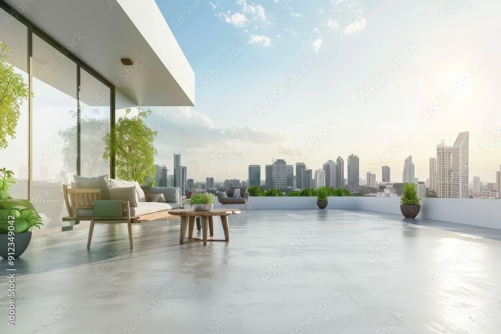 Fototapeta premium Modern rooftop terrace with minimalist design, featuring wooden furniture and potted plants against a city skyline, captured in bright daylight with detailed textures of concrete flooring and neutral 