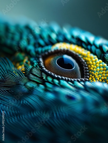 8K resolution close-up of a peacock feather, iridescent blues and greens shimmering, minute barbules in tack-sharp focus, exquisite detail of eye pattern, high dynamic range, photo